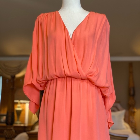 PARKER Coral Silk Gathered Plunge Dress Size - Picture 8 of 13